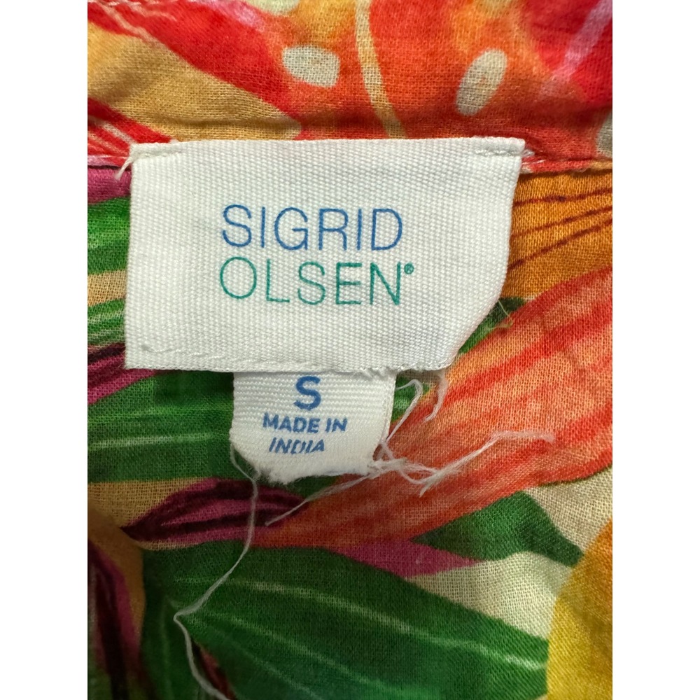 Sigrid Olsen Women Small Tropical Cotton Button Down Shirt Floral Palm Orange S - Picture 7 of 8